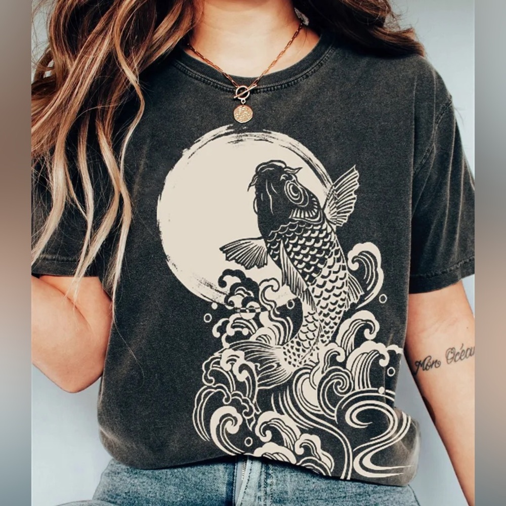 Unisex Carp Jump Sunrise Japanese Art Vintage T Shirt